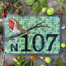 Mosaic house number with a robin