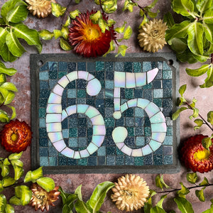 White iridescent number with a grey/green background