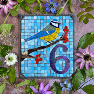 Mosaic house number with a Blue tit