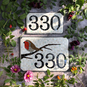Mosaic house number with a robin