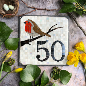 Mosaic house number with a robin